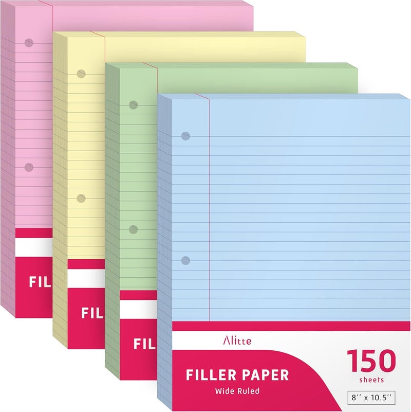 Alitte Colored Loose Leaf Paper, Wide Ruled, 400 Sheets (100/Pack) Filler Paper for Writing Notes - School, College, Office - 3 Hole-Punch Lined Sheets for Ring Binders, Pocket Folders - 8 x 10.5 - Image 1